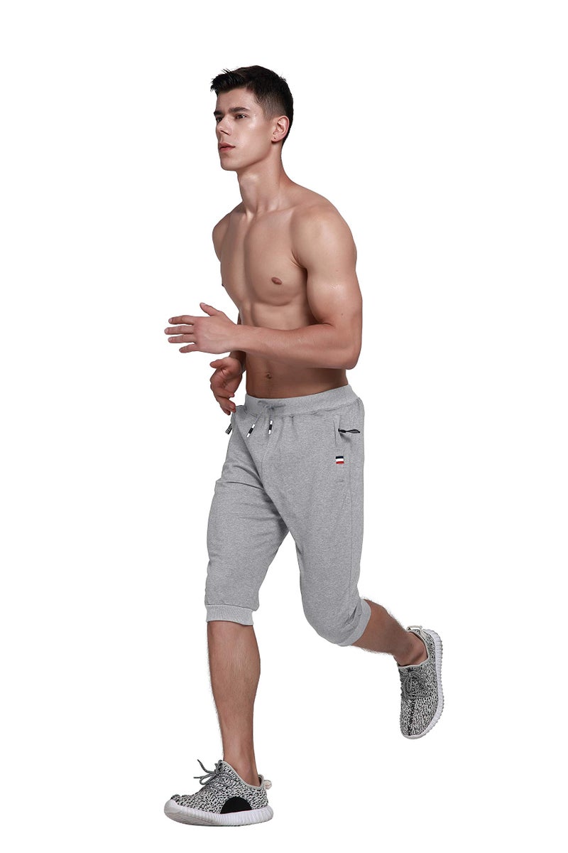 YSENTO Men's Cotton Casual 3/4 Jogger Running Capri Pants Below Knee Gym Workout Shorts Zipper Pockets Light Grey 34 - Image 4